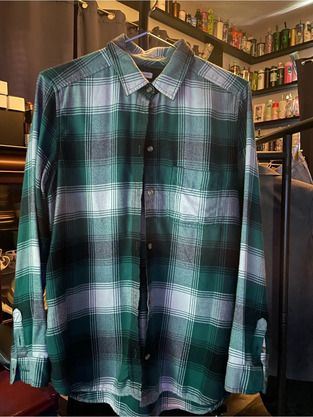 AE Women’s Boyfriend Cut Green Plaid Button-Up Shirt